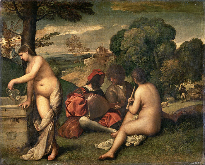 Titian: Pastoral Concert, c. 1510. With its complex yet quasi-improvised structure, both in terms of the flat surface and its three-dimensional depth, it looks like a slow middle movement of a Mozart symphony. (I always wondered why the guys in this painting, obviously discussing the music, don't pay the slightest attention to the ladies, who do so much their best to distract them.)