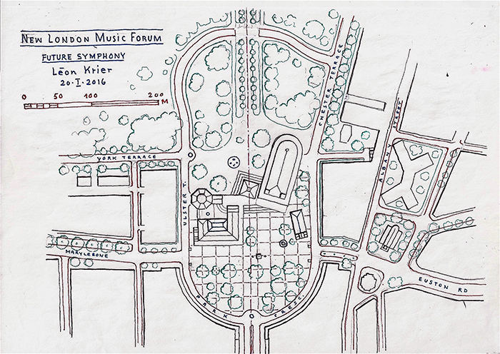 London Music Forum, conceived and drawn by Léon Krier, copyright <small><figcaption id=