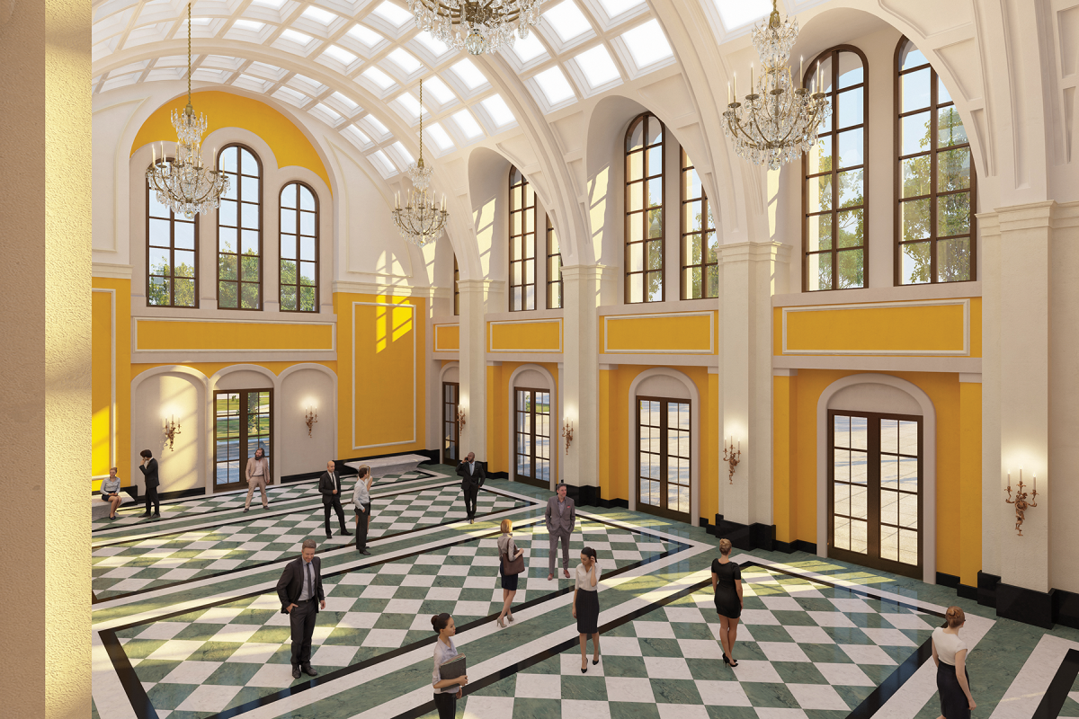 Rendering of the lobby of Rice University's opera house, by Allan Greenberg