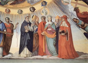 Dante and Beatrice speak to the teachers of wisdom Thomas Aquinas, Albertus Magnus, Peter Lombard, and Sigier of Brabant in the Sphere of the Sun, Canto X of Dante's Paradiso. Detail of fresco by Philipp Veit (1793-1877).